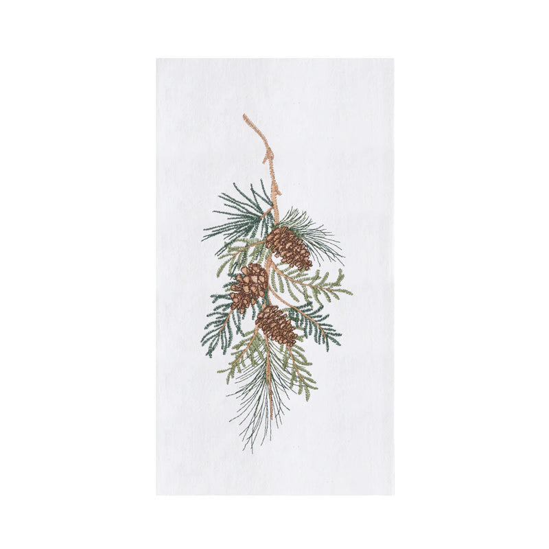 Decorative towel with pine branch and cones design on a white background