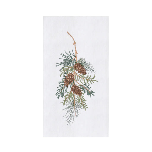 Decorative towel with pine branch and cones design on a white background