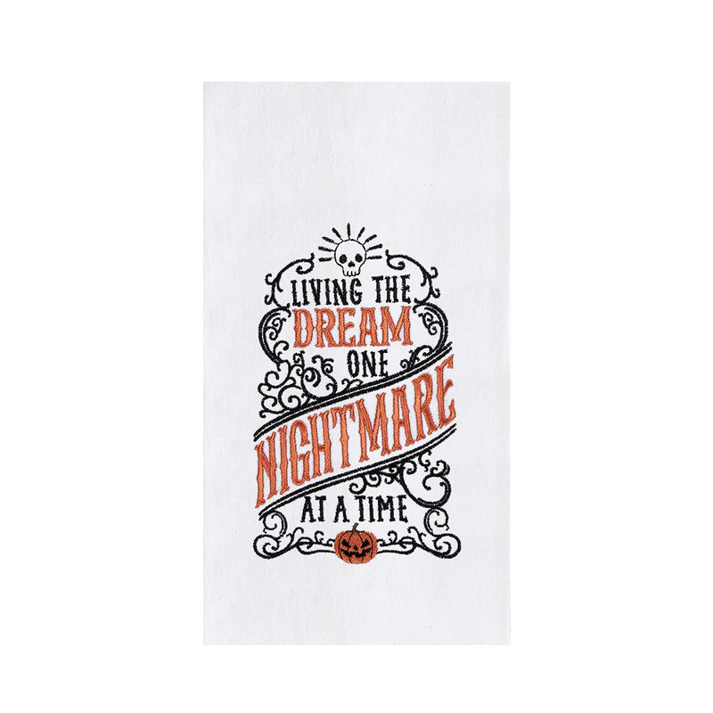 Halloween-themed towel with text 'Living the Dream One Nightmare at a Time' on a white background