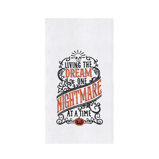 Halloween-themed towel with text 'Living the Dream One Nightmare at a Time' on a white background