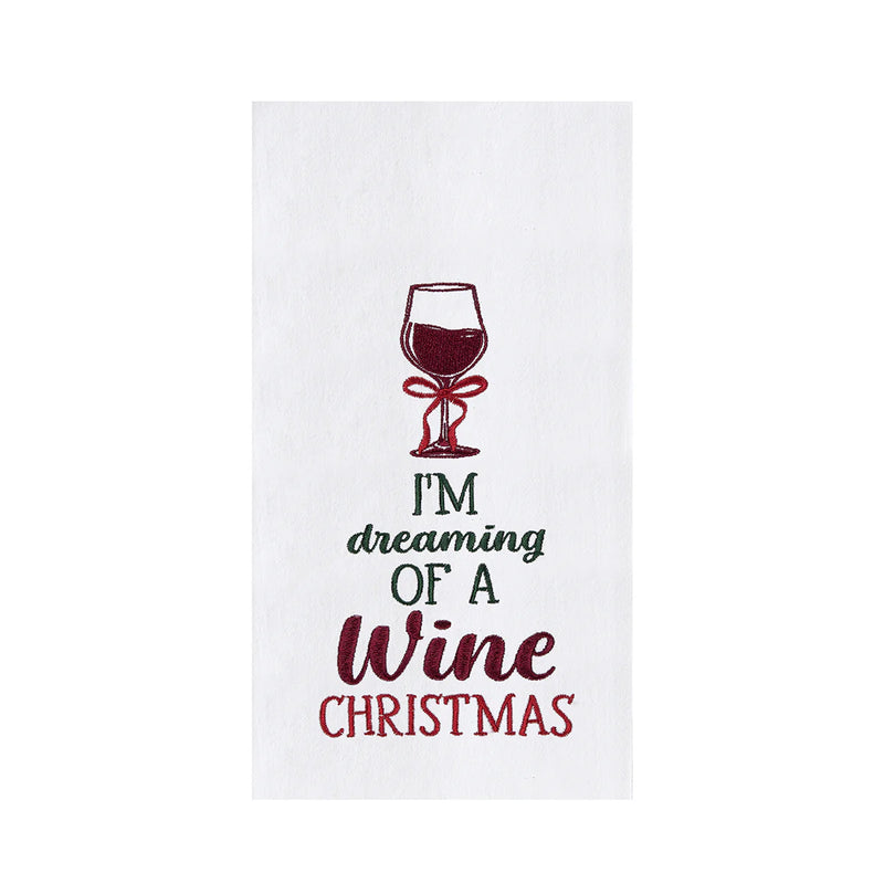 White towel with red wine glass graphic and text 'I'm dreaming of a wine Christmas' on a white background