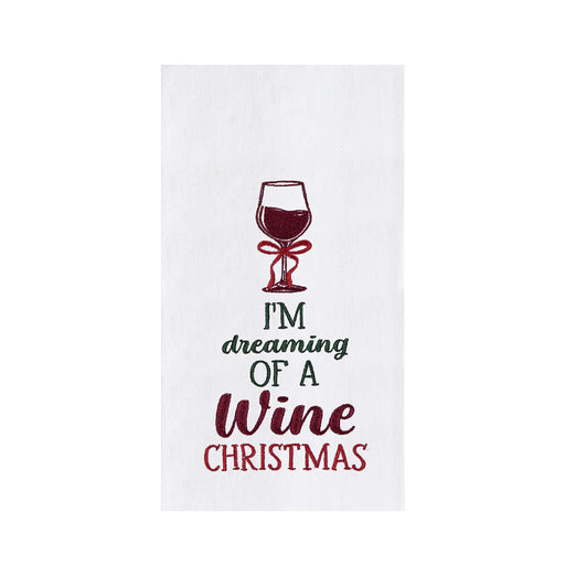 White towel with red wine glass graphic and text 'I'm dreaming of a wine Christmas' on a white background