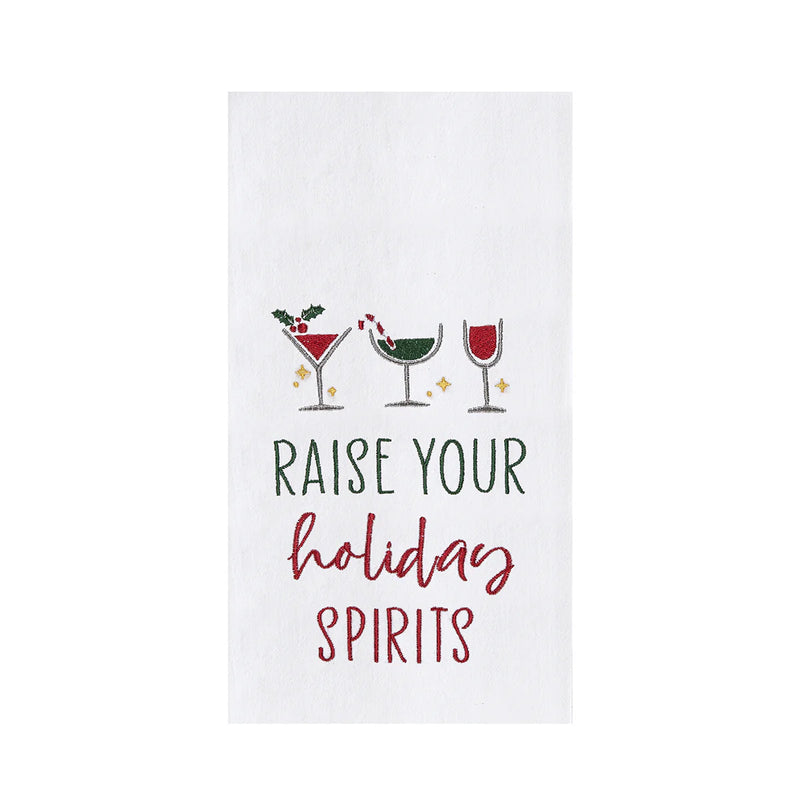 White towel with holiday-themed design featuring cocktail glasses and text 'Raise your holiday spirits' on a white background.