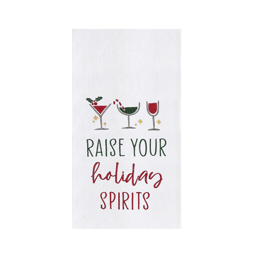 White towel with holiday-themed design featuring cocktail glasses and text 'Raise your holiday spirits' on a white background.