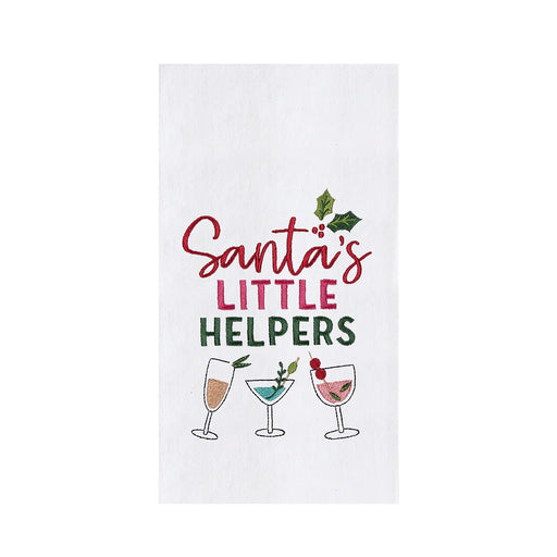 Tea towel with 'Santa's Little Helpers' text and wine glass illustrations on a white background