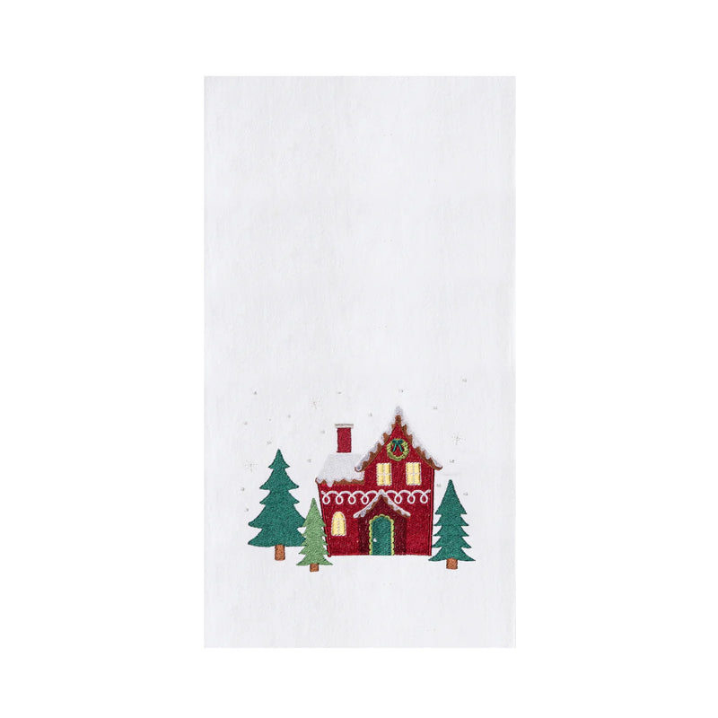 Decorative towel with a red house and Christmas trees design on a white background