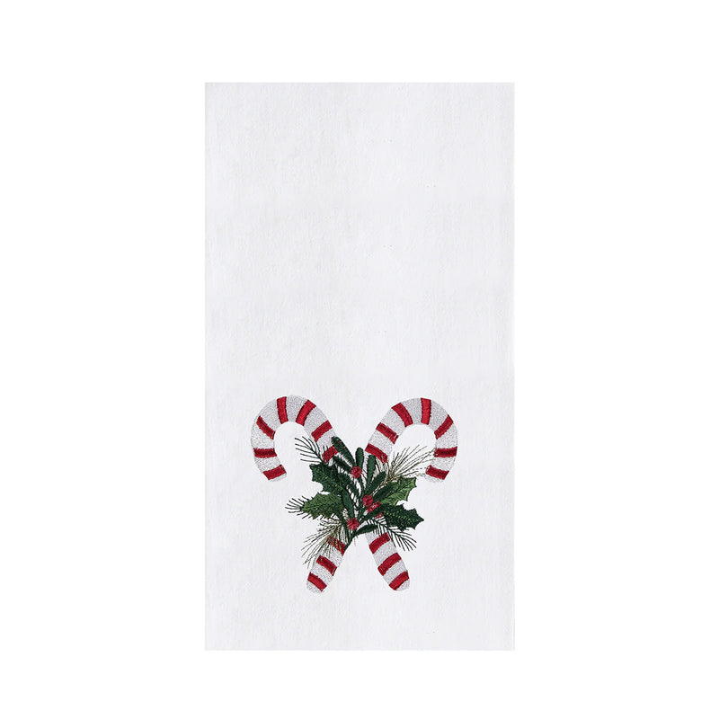 White towel with candy cane and holly design on a white background