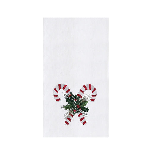 White towel with candy cane and holly design on a white background