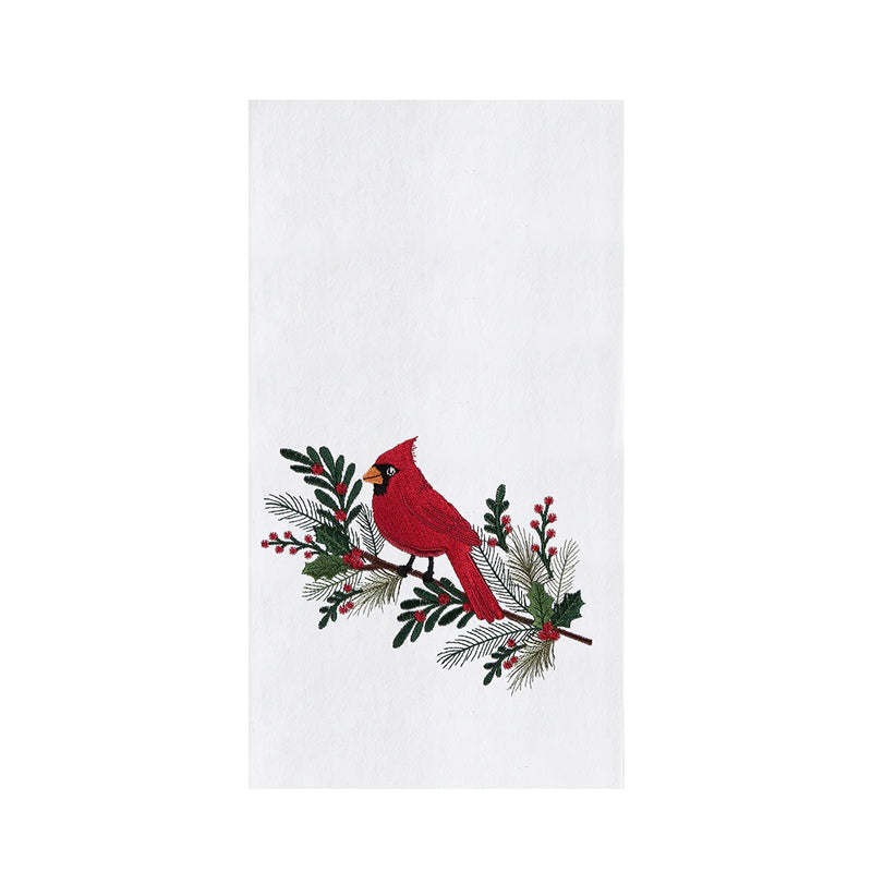 White towel with a red cardinal and greenery design on a white background