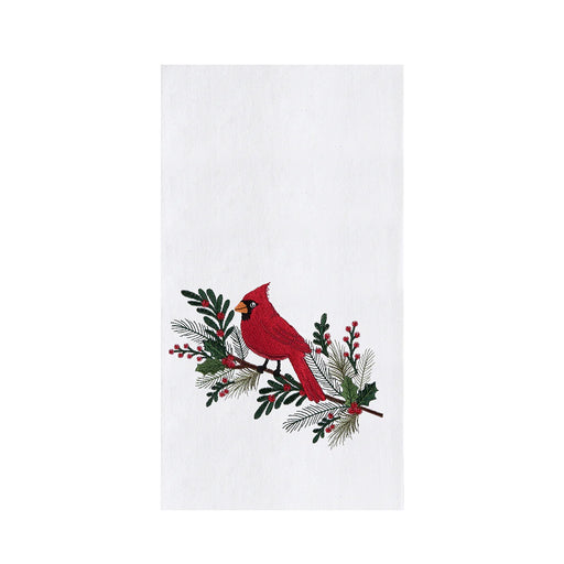 White towel with a red cardinal and greenery design on a white background