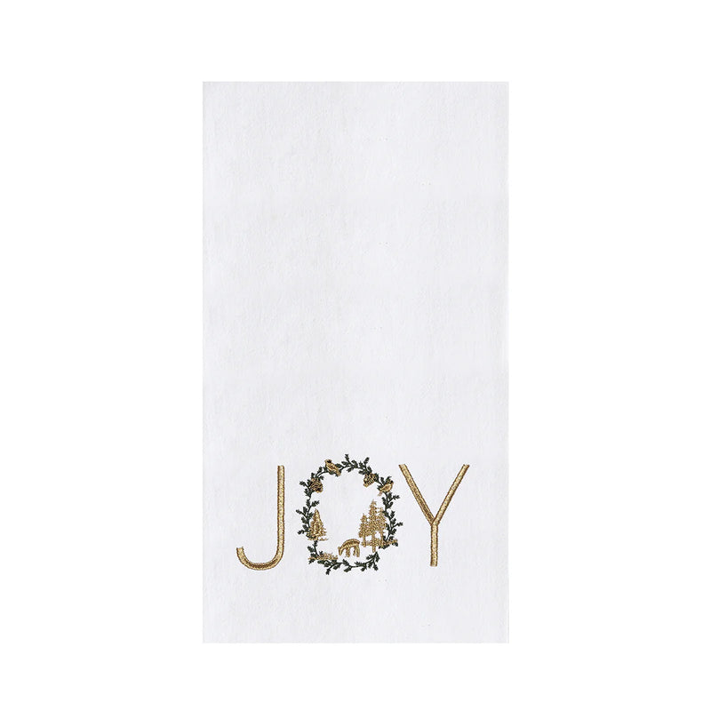 White towel with gold 'JOY' text and Christmas wreath design on a white background