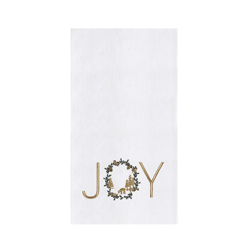 White towel with gold 'JOY' text and Christmas wreath design on a white background