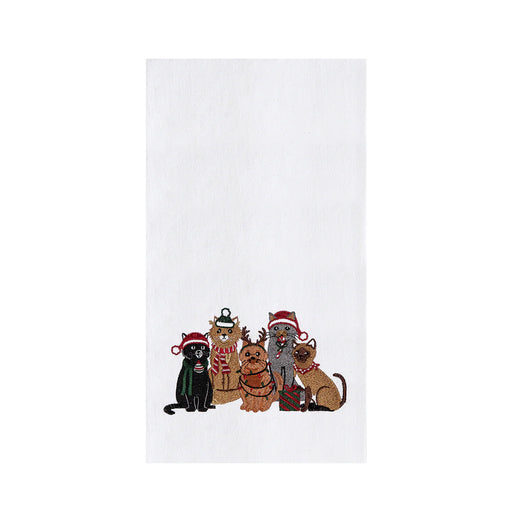 Five cats wearing Christmas hats towel on a white background