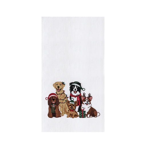 Decorative towel with cartoon dogs wearing Christmas-themed accessories on a white background