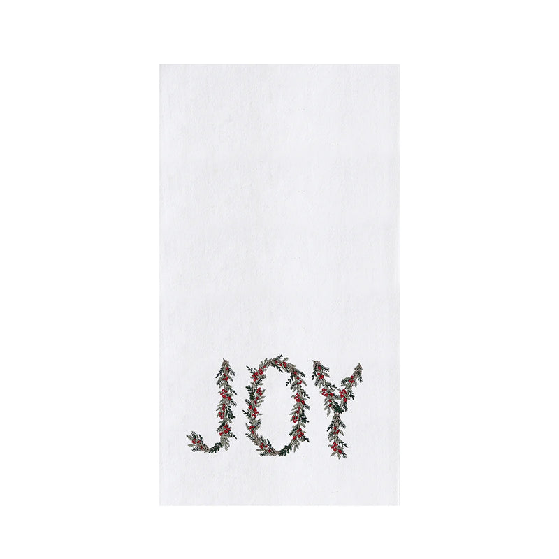 White towel with 'JOY' embroidered in red and green thread on a white background