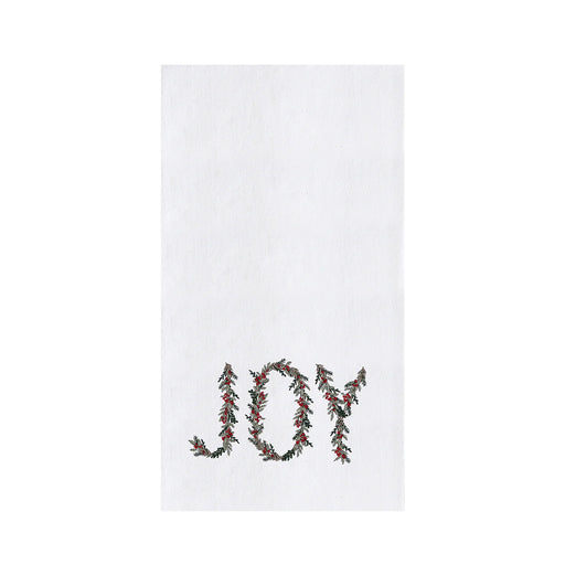 White towel with 'JOY' embroidered in red and green thread on a white background