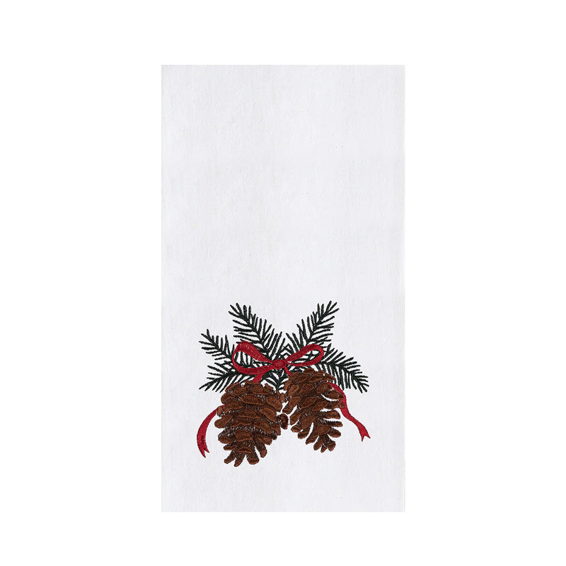 White towel with pinecones and a red ribbon design on a white background