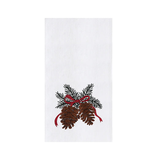 White towel with pinecones and a red ribbon design on a white background