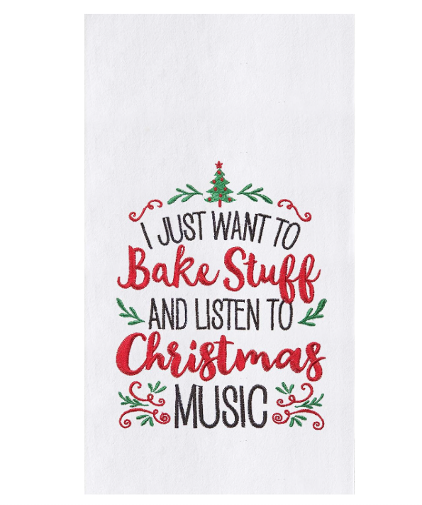 White towel with Christmas-themed text and graphics on a white background