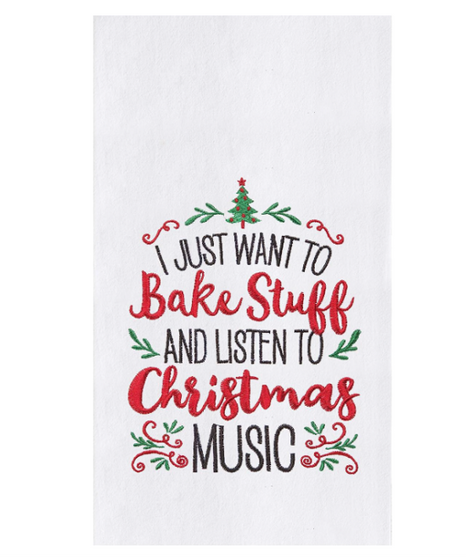 White towel with Christmas-themed text and graphics on a white background
