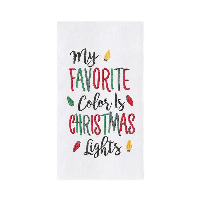 Towel with 'My Favorite Color Is Christmas Lights' text and festive graphics on a white background