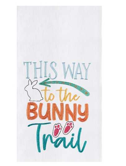 White towel with colorful text and graphics on a white background