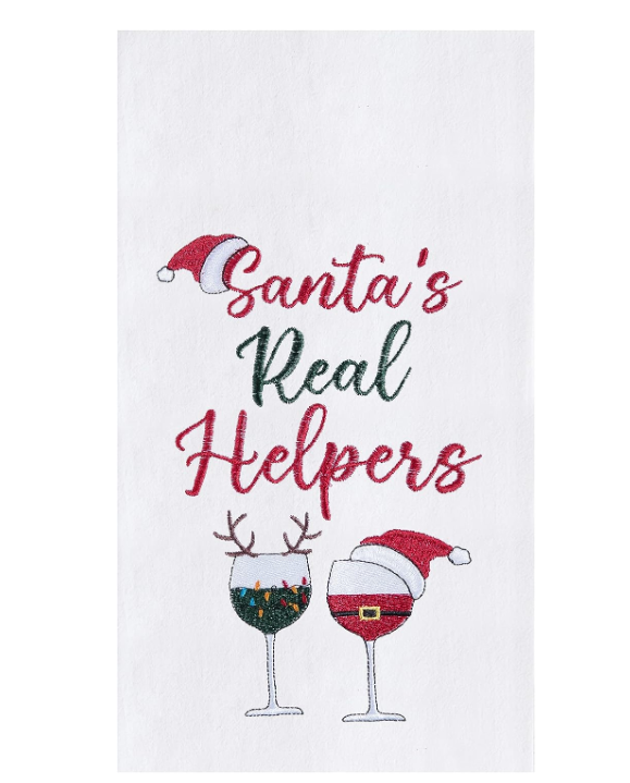 A towel with a Christmas-themed design featuring the text 'Santa's Real Helpers' along with depictions of two glasses of red wine and a Santa hat.