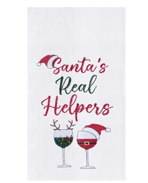 A towel with a Christmas-themed design featuring the text 'Santa's Real Helpers' along with depictions of two glasses of red wine and a Santa hat.