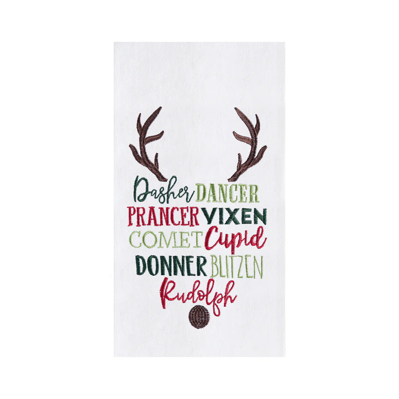 Christmas-themed towel with reindeer names and antlers on a white background