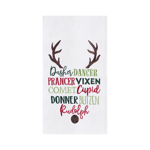 Christmas-themed towel with reindeer names and antlers on a white background