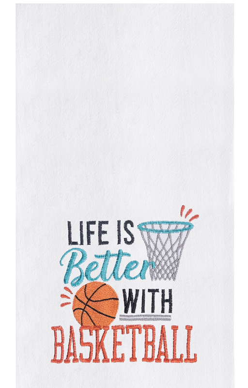 White towel with basketball-themed text and graphics on a white background
