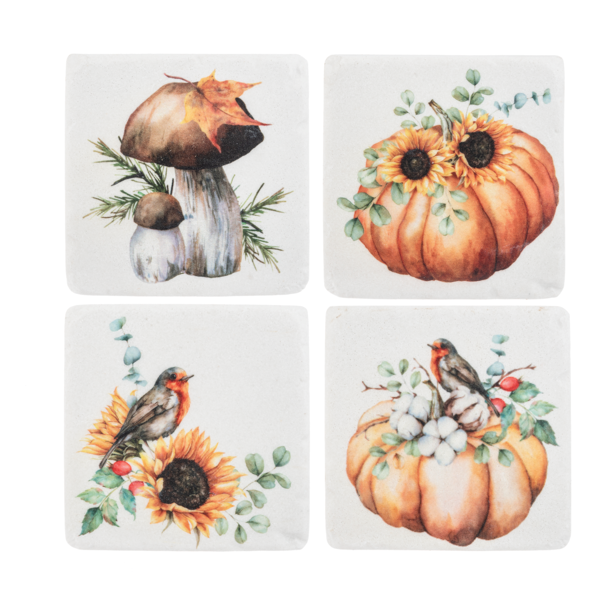 Sunflower, Pumpkin, Mushroom & Robin Coaster