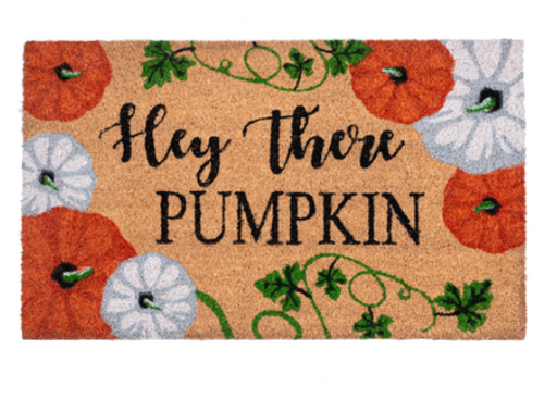 Doormat with 'Hey there PUMPKIN' text and pumpkin design