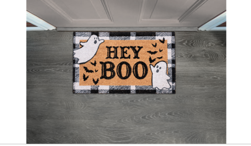 Halloween-themed doormat with ghosts and 'Hey Boo' text on a checkered background