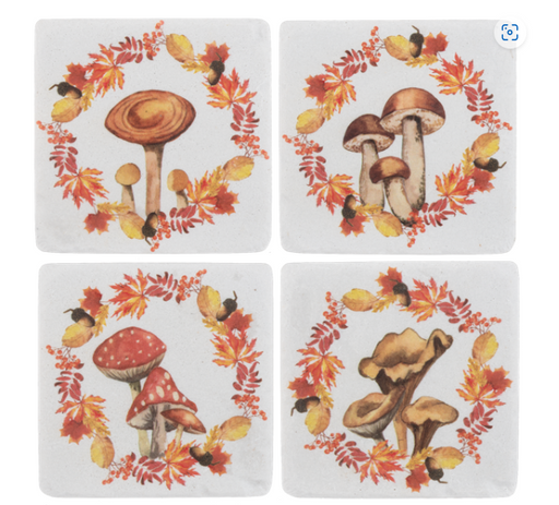 Four coasters with autumn-themed designs of mushrooms and leaves on a white background.