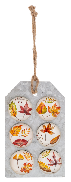 Decorative tag with autumn leaf designs on a white background