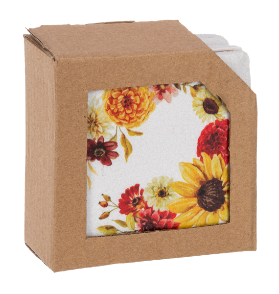 Floral-patterned coaster with a cardboard cover on a white background
