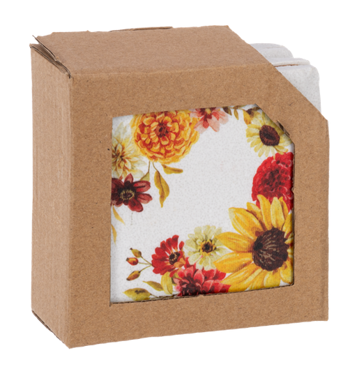 Floral-patterned coaster with a cardboard cover on a white background