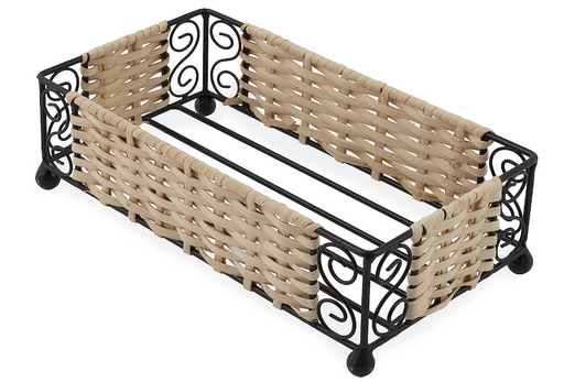 Wicker magazine rack with black metal frame on a white background