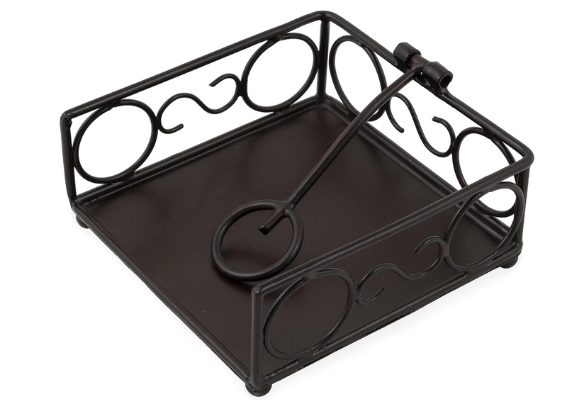 Decorative black metal tray with intricate designs on a white background