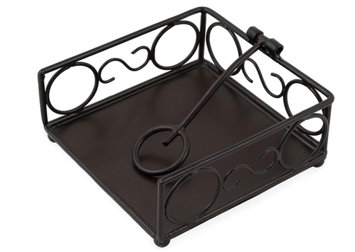 Decorative black metal tray with intricate designs on a white background