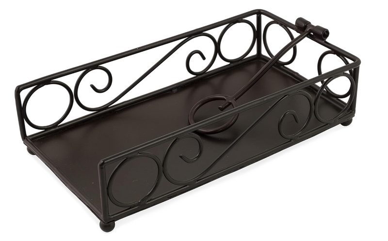 Decorative black metal tray with intricate designs on a white background
