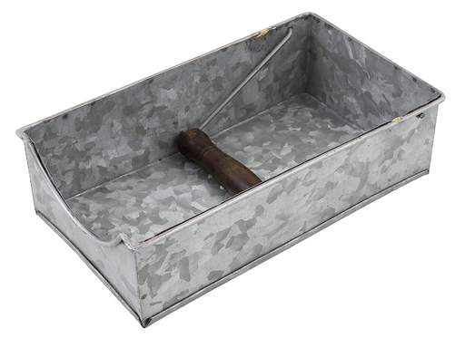 Metal tray with a wooden handle on a white background
