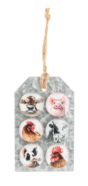 Decorative tag with six farm animal illustrations on a white background