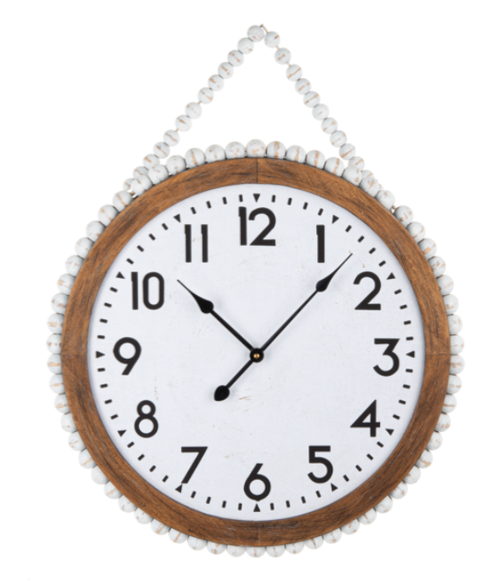 Round wall clock with wooden frame and bead embellishments on a white background