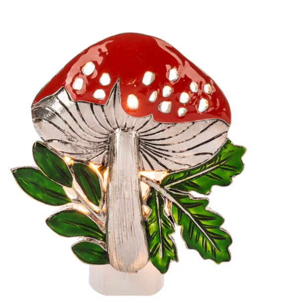 Mushroom-shaped night light with red cap, green leaves, and silver stem on a white background