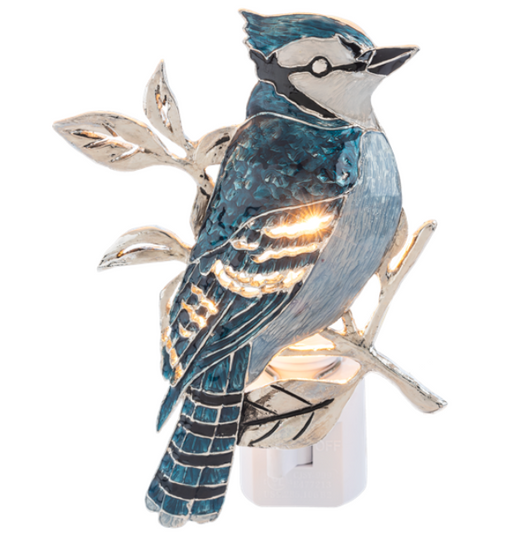 Decorative night light shaped like a blue jay bird on a branch