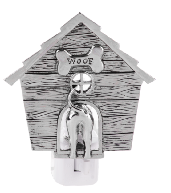 Doghouse-shaped night light with a dog figure and 'WOOF' bone design on a white background