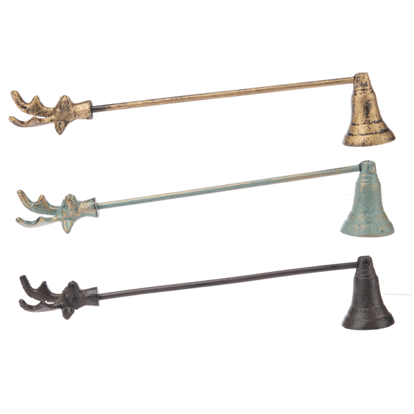Three vintage-style candle snuffers on a white background