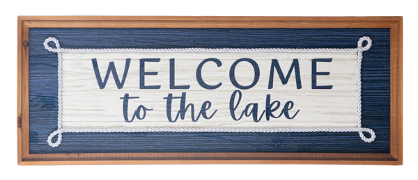 Decorative sign with 'Welcome to the lake' text on a blue background